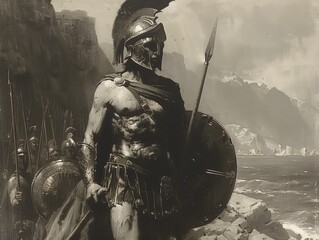 Oil painting 300 Spartan Warriors Holding a spears, swords, and shields