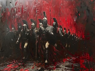Oil painting 300 Spartan Warriors Holding a spears, swords, and shields