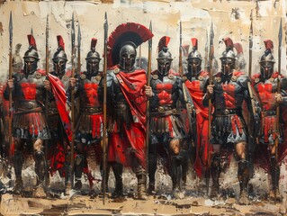 Oil painting 300 Spartan Warriors Holding a spears, swords, and shields