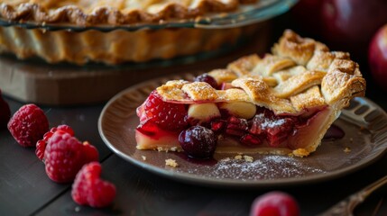 A slice of pie being served, with a golden crust and a generous filling of fresh fruits