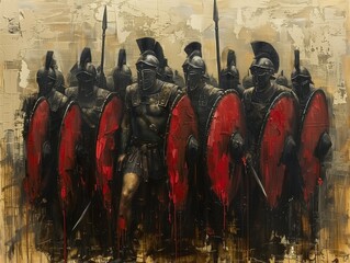 Oil painting 300 Spartan Warriors Holding a spears, swords, and shields