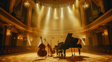 Elegant classical music hall with piano and string instruments under spotlight beams.