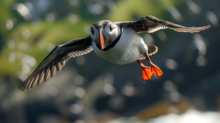 Close-up of a puffin in flight with its wings spread and feet dangling, against a bokeh background.