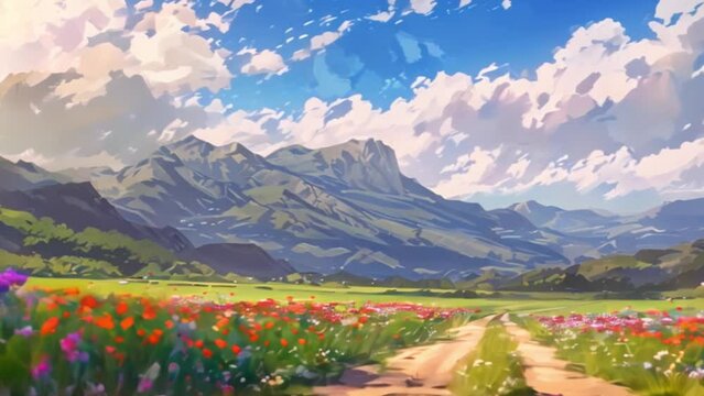video rural road with flower fields and mountains
