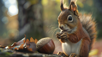 Obraz premium Little squirrel holding an acorn