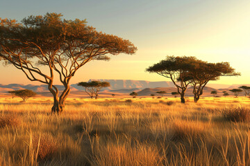 The golden plains dotted with acacia trees in the fading light 3D illustration