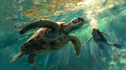 Obraz premium A snorkeler observing a majestic sea turtle gliding gracefully through a sunlit ocean