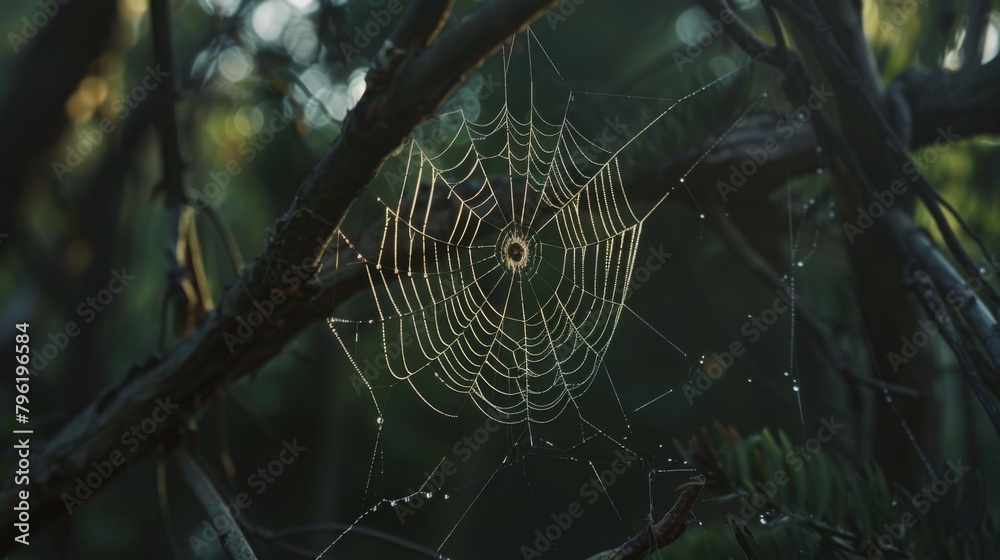 Poster a spider spinning its delicate web between tree branches, patiently waiting for prey to ensnare