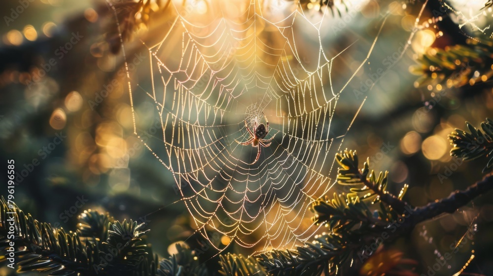 Poster a spider spinning its delicate web between tree branches, patiently waiting for prey to ensnare