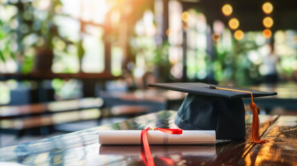 Graduation day, party. A mortarboard and diploma scroll on a table in classroom. Education, learning concept. Courses, higher education, study, knowledge. Graduation hat and students diploma on desk