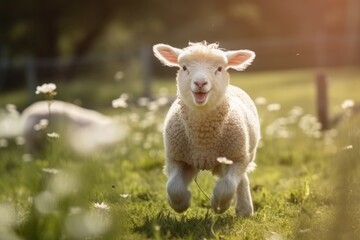 a happy sheep playing at green grass, 