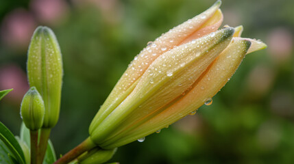 A lily bud covered in water droplets.

