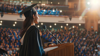 Young happy woman in a gown and a mortarboard stands at a podium and gives a graduation speech. Valedictorian young female student wearing graduation hat giving graduation speech to the audience