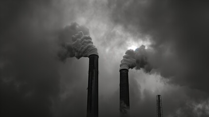 Dramatic black and white image of smoke billowing from industrial chimneys against a cloudy sky.