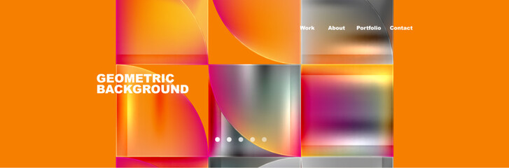 A colorful geometric artwork featuring liquid shapes in shades of orange and amber. The design includes rectangles, squares, circles, and symmetrical patterns