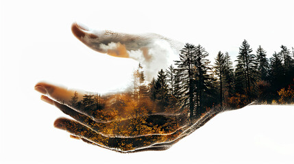 Double exposure of hands and nature background. Concept of ecology.