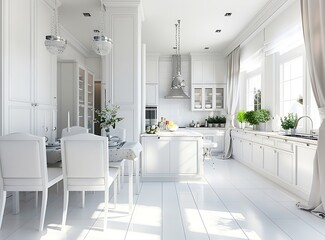 White kitchen with island and dining area in a luxury home