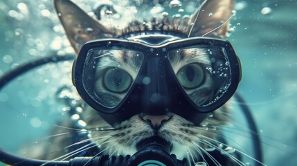 A whimsical image of a cat wearing a diving mask and snorkel underwater, surrounded by bubbles.