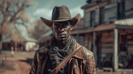 Obraz premium Rugged cowboy with intense stare in a Wild West setting