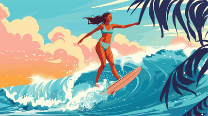 Sportswoman in swimsuit standing one knee on surfboard