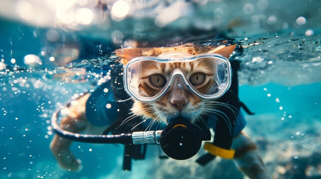 A comical image of a cat in snorkeling gear submerged underwater, with bubbles around.