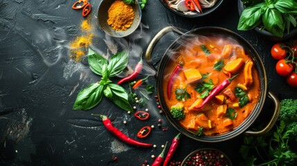A steaming pot of aromatic curry surrounded by colorful ingredients and herbs