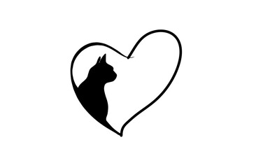 black cat in a black heart outline on white,