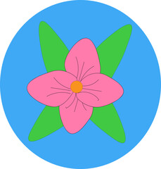pink flower on a blue background with green leaves
