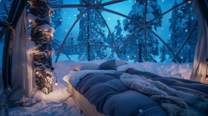 Experience the ultimate winter wonderland while lying in a comfortable bed in your glass dome surrounded by snowcovered trees and the mystical Aurora Borealis. 2d flat cartoon.