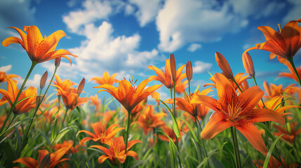 This is an image of a field of orange lilies with white centers and green stems and leaves, with a blue sky and white clouds in the background.

