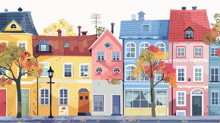 Street landscape with colorful european houses. Vector