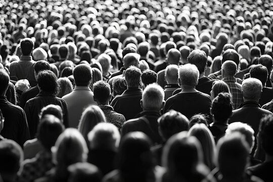 A black and white photo capturing a large crowd of people
