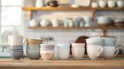 A variety of ceramic mugs and bowls neatly arranged on a kitchen counter.