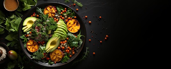 Top view of a black bowl containing a salad made with avocado, quinoa, roasted sweet potato, spinach, and chickpeas. Right copy space.
