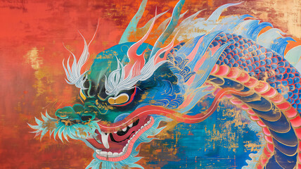 A vibrant traditional dragon painting with fiery colors against a red and blue backdrop.