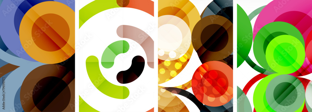 Poster A mesmerizing display of colorful circles creating a captivating pattern on a white canvas. This visual arts piece showcases the beauty of art paint and graphics
