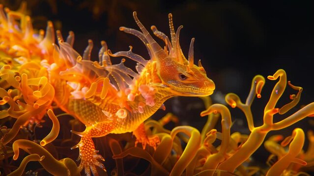 Striking orange seadragon gracefully navigates through a vibrant yellow coral reef and round bubble algae, creating a serene underwater scene filled with intricate marine life and colors.

