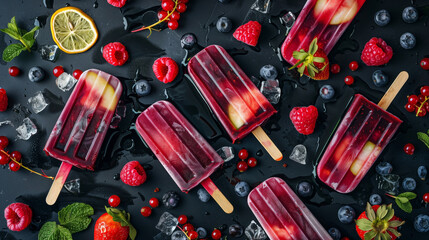 Colorful fruit popsicles with fresh berries and mint on a dark slate background with ice cubes.