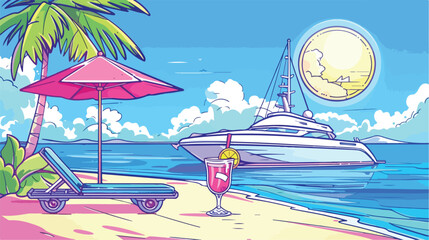 Summer scenery with sunlounger cocktail and umbrella