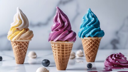 Three colorful soft serve ice creams in waffle cones with berries on a marble background
