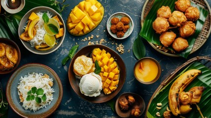 A Thai dessert spread featuring sticky rice with mango, coconut ice cream, and crispy banana fritters
