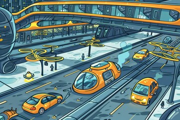 Cartoon cute doodles of a futuristic transportation hub with hyperloop trains, flying taxis, and automated drone delivery services, Generative AI