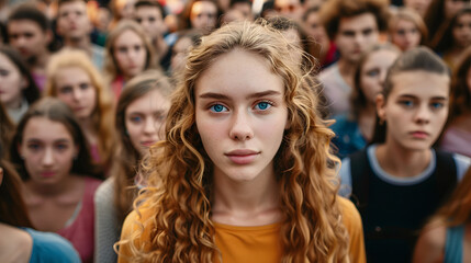 Banner with a young beautiful woman looking at camera in the crowd