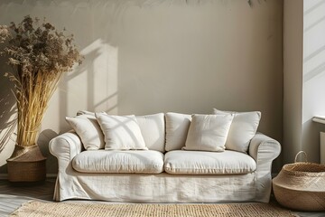 Living room mockup with beige linen sofa and warmtoned interior wall. Concept Living room decor, Beige sofa, Warm-toned walls, Interior design, Mockup concept