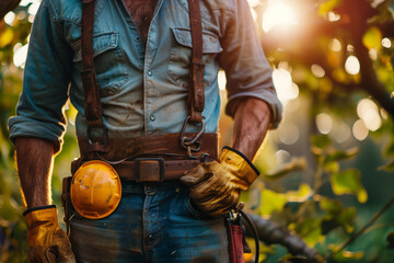 Fototapeta premium Male worker technician in gloves against the backdrop of sunset in the garden