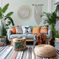 a bohemian boho-style lounge room with an eclectic design aesthetic. The illustration should feature colorful textiles, mismatched furniture, layered rugs, and an abundance of plants, creating a relax