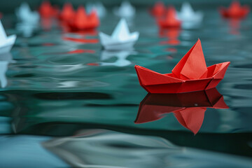 The red boat is a symbol of collaborative leadership. It guides the paper boats, representing individuals and teams, towards victory