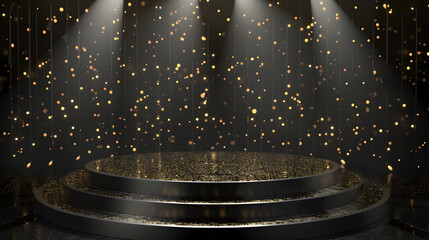 stage bathed in golden light with sparkling particles, creating a dramatic and glamorous ambiance. This setting evokes a sense of anticipation and grandeur, perfect for high-profile events