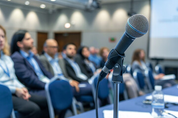 The scene of a microphone at an investment strategy seminar where financial analysts share insights on navigating market volatility