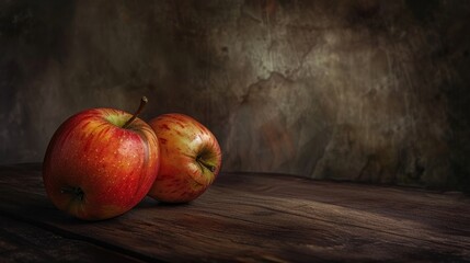 Empty wooden plank table and some ripe red apples on the table background
